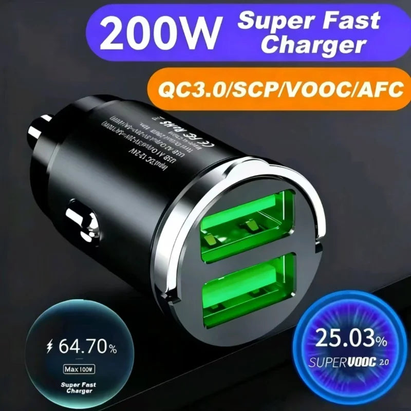 100W/200W QC3.0 PD Mini Car Charger 12-24V Lighter Fast Charging Car USB Type C Charger for Xiaomi Samsung Huawei iPhone Power